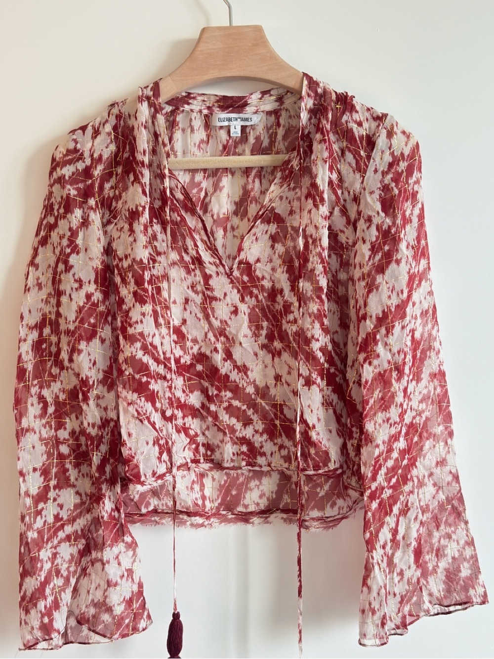 Elizabeth and James Silk Metallic Tie Dye Wrap Blouse Top Tassel Boho Size L